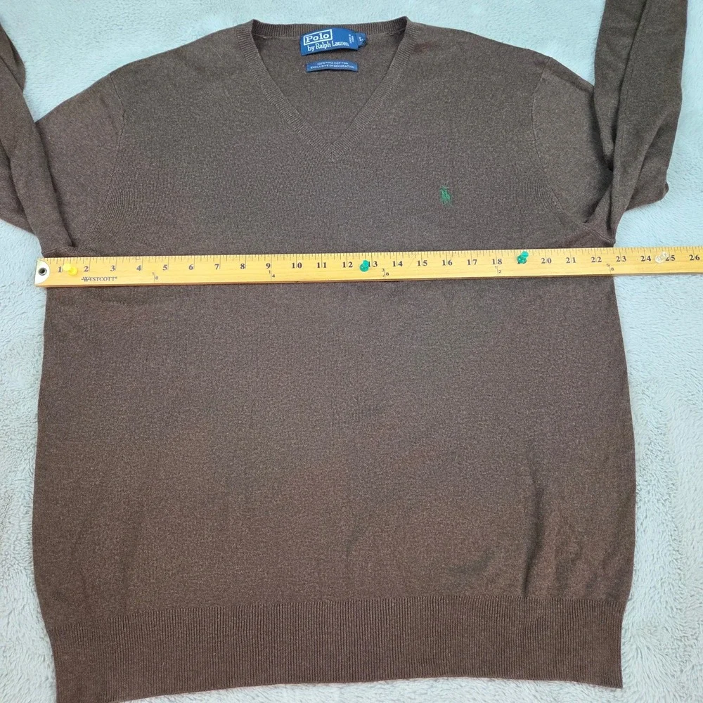 Polo Ralph Lauren V-Neck Sweater Mens L Pima Cotton Pony Logo Pullover Brown
